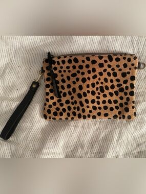 Cowhide leopard Print Wristlet Clutch in Tan and Black
